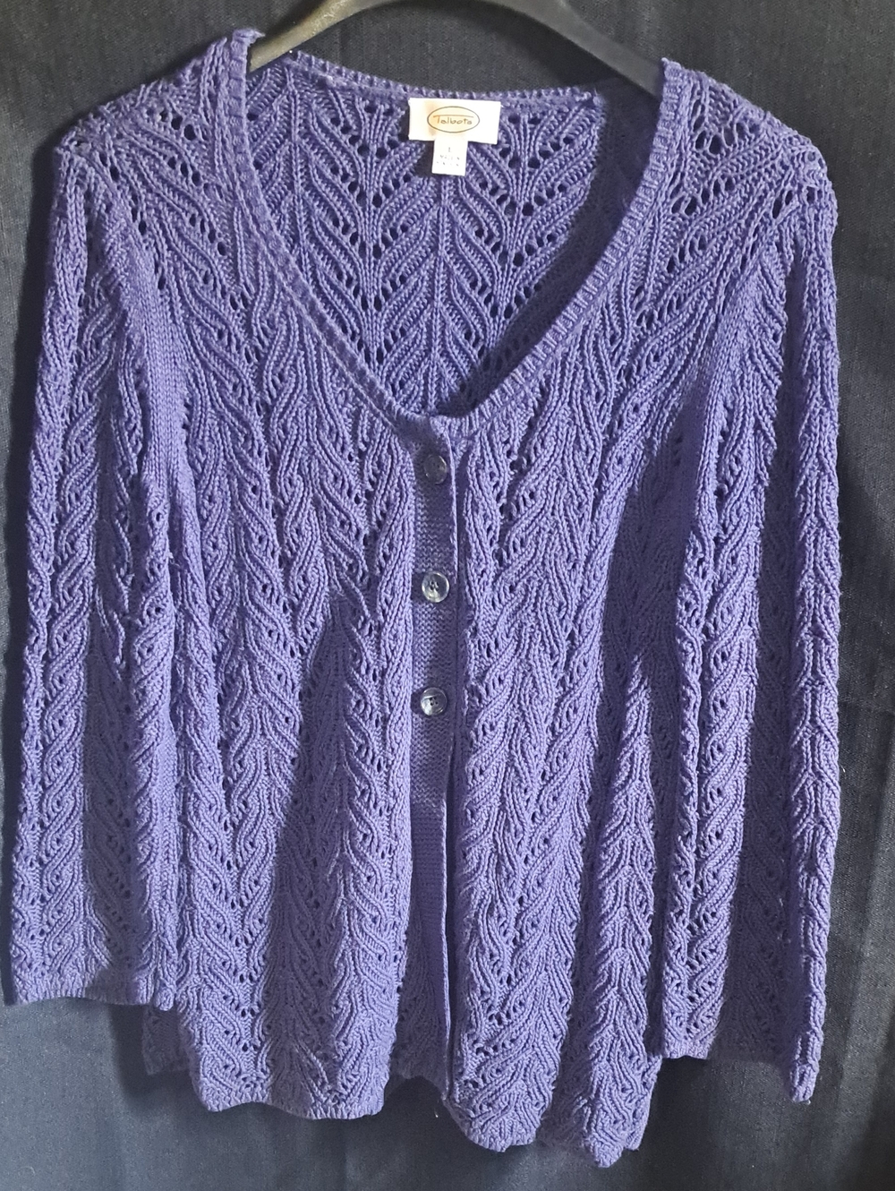 Talbots Dark Purple Open-Knit V-Neck Cardigan